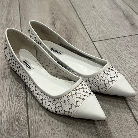 Dune London Shoes - Dune London white leather laser cut pointy toe embellished heel slip on flats 9